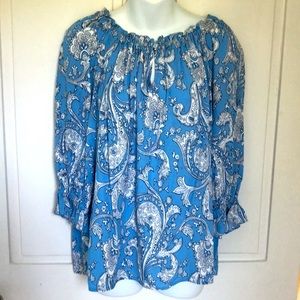 Light Blue & White Paisley Print Peasant Popover Blouse Top Small Talbots NWT